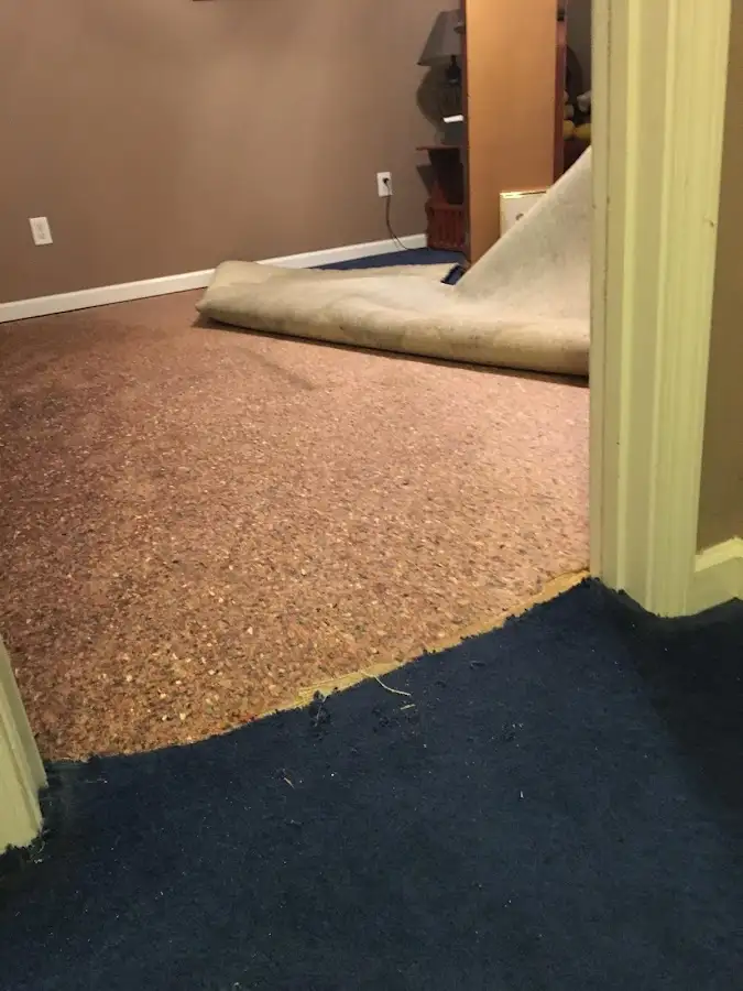 Carpet pad removal revealing water damage during Drying & Dehumidification in Carrollton